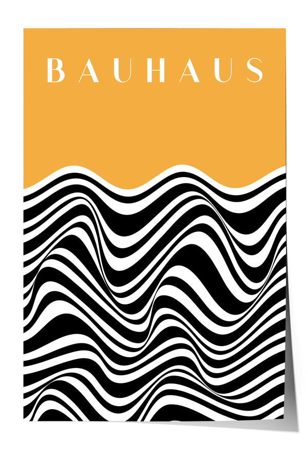 The image is a poster featuring the word "BAHAU" in white text against an orange background. The poster has a striking black and white wave-like pattern in the center, creating a visually appealing and abstract design.