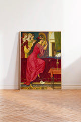 The image is a painting of a woman in a red dress, sitting on a red couch and looking at a vase.