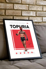 A framed poster of a tattooed man in fighting shorts, with the text "Ultimate Fighting Championship" and "TOPHIA" prominently displayed.