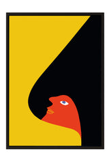 a stylized illustration of a red bird with a yellow beak, set against a contrasting black background.