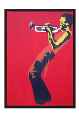 A person playing a trumpet against a red background.