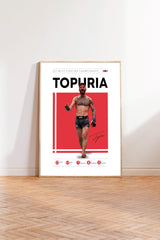 a poster of a man with a tattoo, standing in front of a red background.