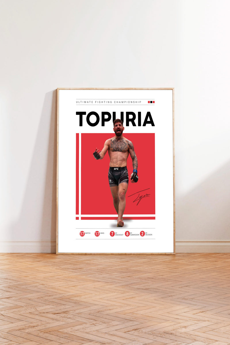 a poster of a man with a tattoo, standing in front of a red background.