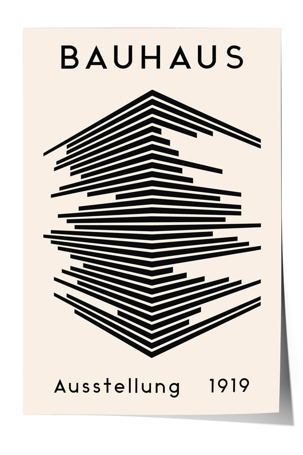 The image is a poster for the Bauhaus art school in 1919. It features a geometric design with lines and shapes, and the text "Bauhaus" and "Austellung 1919" is displayed prominently.