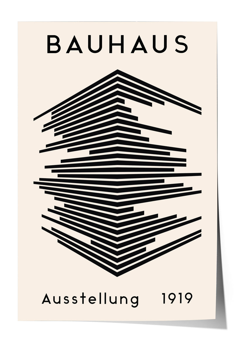 The image is a poster for the Bauhaus art school in 1919. It features a geometric design with lines and shapes, and the text "Bauhaus" and "Austellung 1919" is displayed prominently.