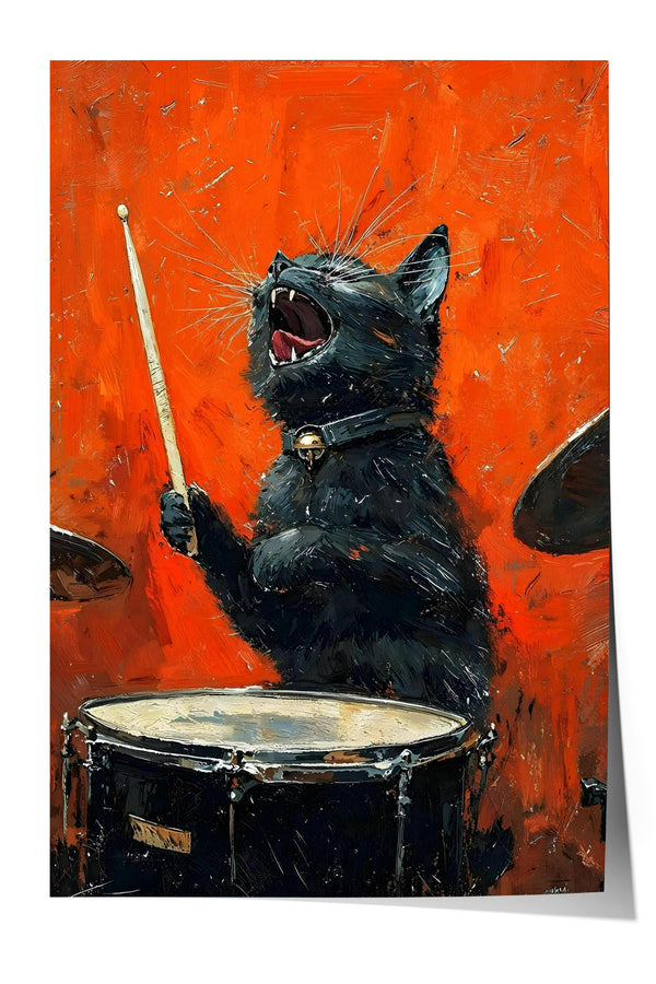 A black cat is enthusiastically playing a drum set, with its mouth open wide and appearing to be singing into the microphone.