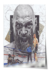 The image is a collage featuring a close-up of a man's face with a beard, surrounded by various elements related to boxing, such as a referee, a boxer, and a referee's chair.