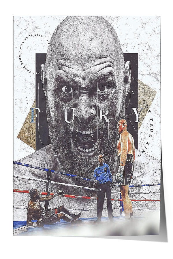 The image is a collage featuring a close-up of a man's face with a beard, surrounded by various elements related to boxing, such as a referee, a boxer, and a referee's chair.