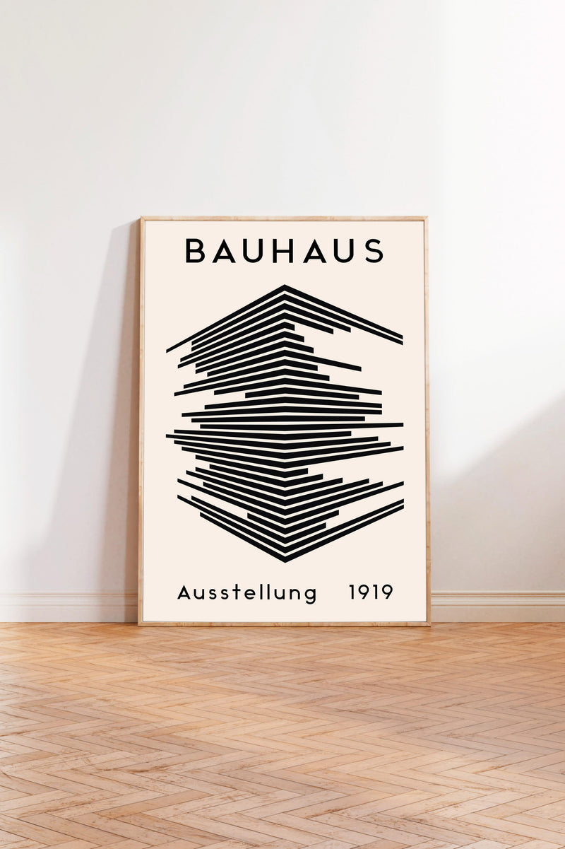 a poster of the Bauhaus art school, with a minimalist design of stacked lines in black and white.