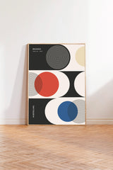 a minimalist art piece with a geometric design of circles and lines on a white background.