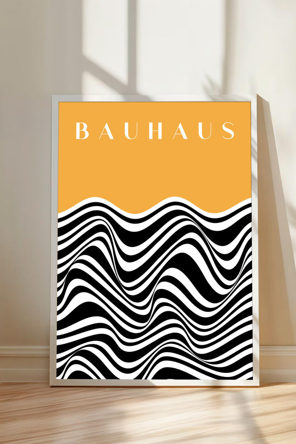 a poster with a bold, abstract design of black and white stripes on a yellow background.