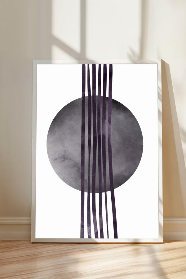 a minimalist art piece with a large circular shape and vertical lines extending from it.