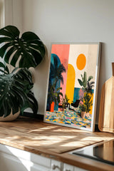 a framed artwork depicting a tropical scene with palm trees, a colorful abstract background, and a geometric patterned floor.