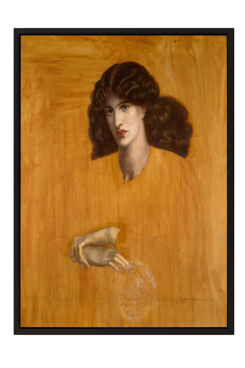 The image is a portrait of a woman with curly hair, wearing a yellow dress, and looking directly at the viewer.