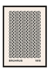 The image is a framed poster featuring a repeating geometric pattern of black cubes or cubes arranged in a grid-like design. The poster has the text "BAHAUX 1919" at the bottom, indicating the artist or the year of the work.