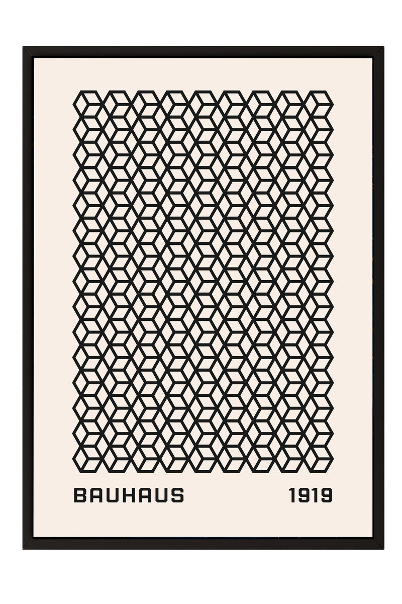 The image is a framed poster featuring a repeating geometric pattern of black cubes or cubes arranged in a grid-like design. The poster has the text "BAHAUX 1919" at the bottom, indicating the artist or the year of the work.
