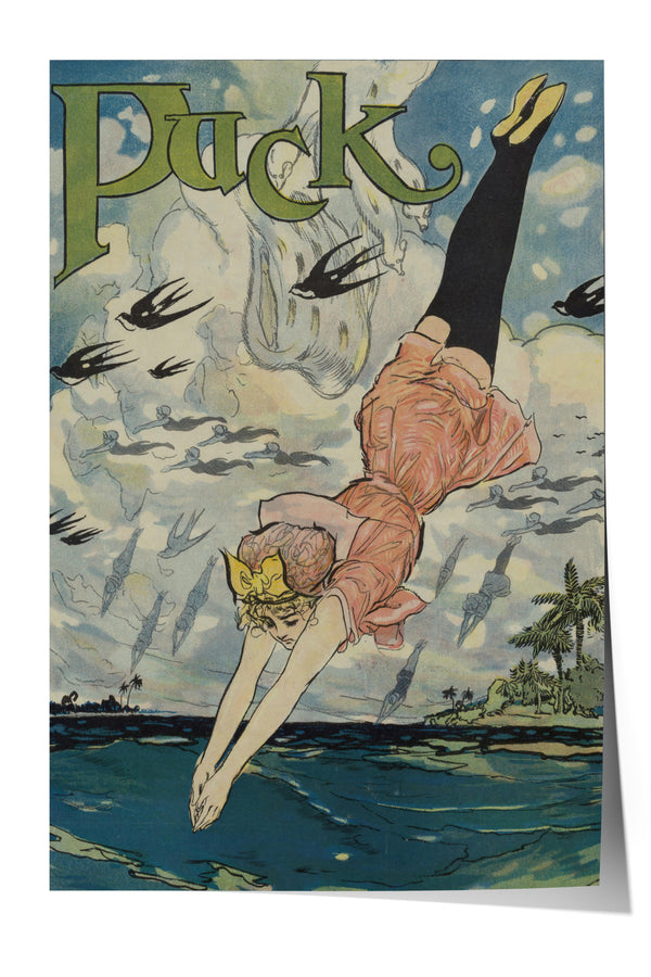 The image is a vintage poster featuring a woman in a pink dress diving into the ocean, surrounded by birds flying in the sky.
