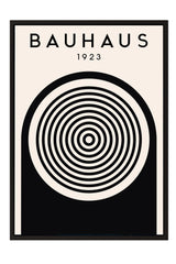 The image is a poster featuring the name "BAHAUX" and the year "1923" in bold black text, along with a black and white circular design with concentric circles.