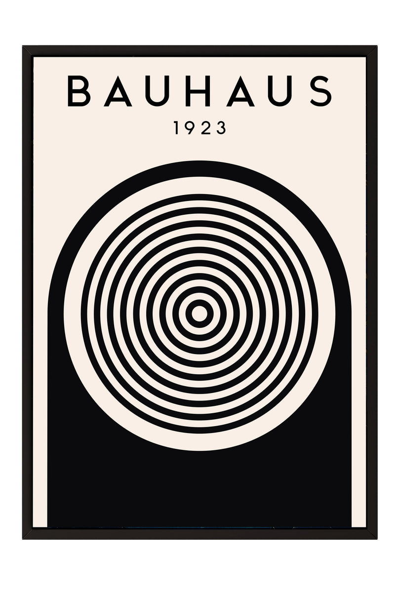 The image is a poster featuring the name "BAHAUX" and the year "1923" in bold black text, along with a black and white circular design with concentric circles.