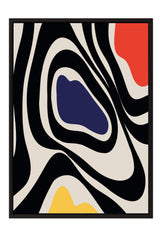 The image is a square-shaped abstract artwork with a black and white color scheme. It features a central blue shape surrounded by black and white swirls and splatters in various shades of black, white, and orange.