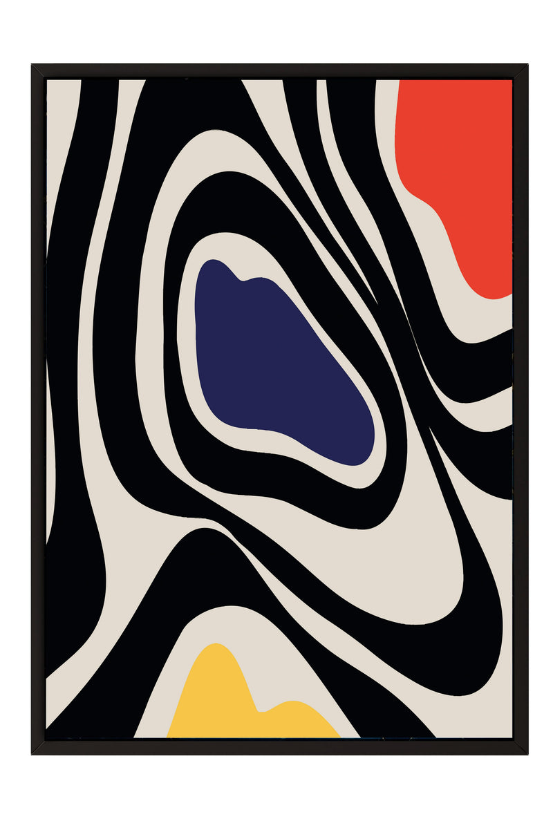 The image is a square-shaped abstract artwork with a black and white color scheme. It features a central blue shape surrounded by black and white swirls and splatters in various shades of black, white, and orange.