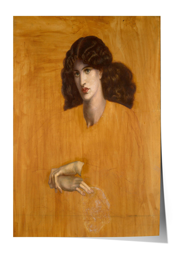 The image is a portrait of a woman with long, curly hair wearing a yellow dress.