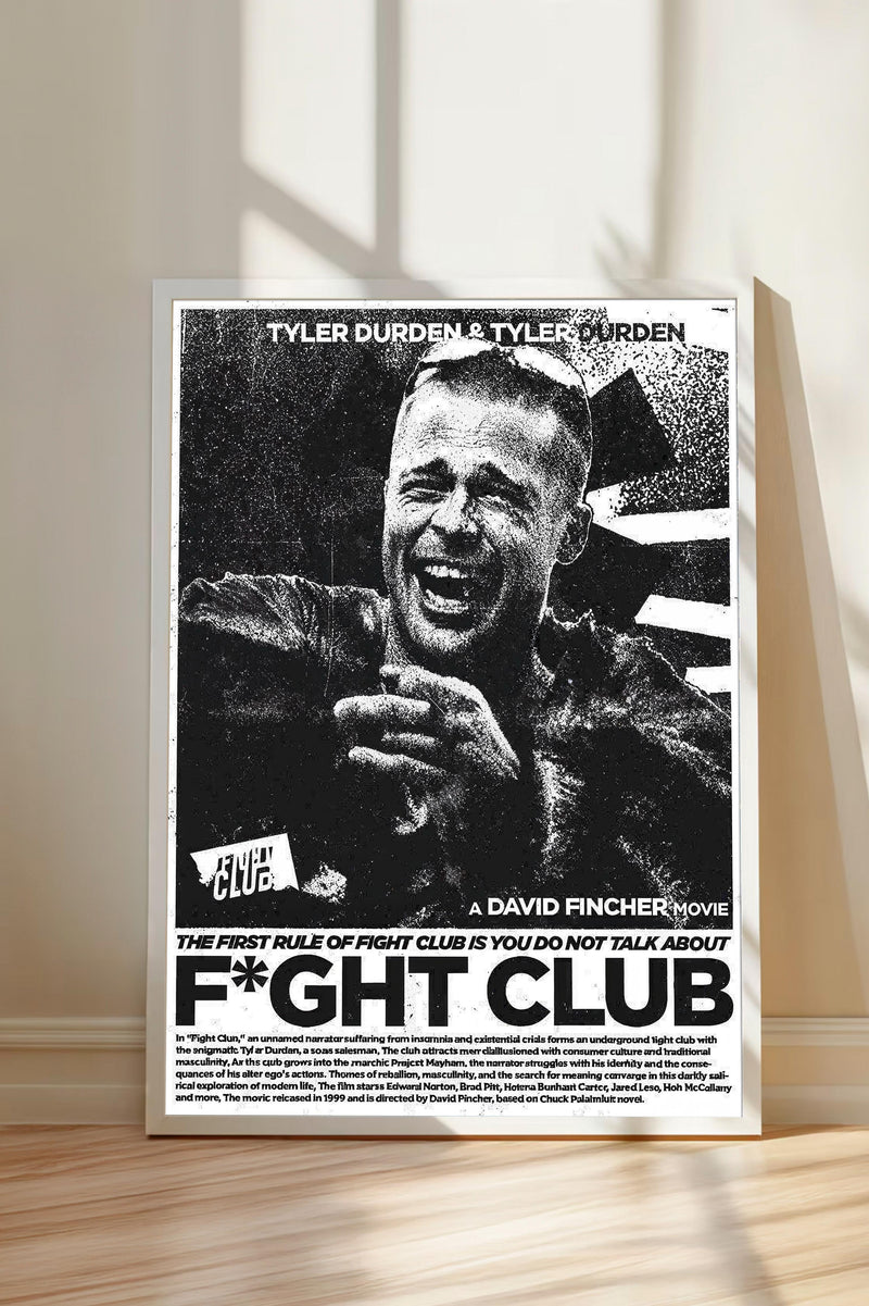 A poster featuring a close-up of a man's face with a wide smile, along with the text " Tyler Durden & Tylerourden" and "A DAVID FINCHER MOVIE" printed on it.