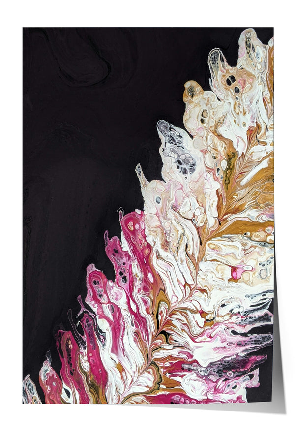 The image is an abstract painting with a striking contrast of black and white, featuring a vibrant mix of pink and white swirls and shapes.