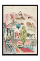 The image is a vibrant, abstract watercolor painting featuring a variety of shapes, colors, and textures. The painting is framed and appears to be a contemporary art piece.