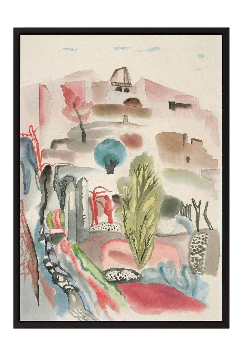 The image is a vibrant, abstract watercolor painting featuring a variety of shapes, colors, and textures. The painting is framed and appears to be a contemporary art piece.