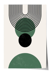 The image is a minimalist art piece featuring a geometric design with a large black circle and a series of black and white lines arranged in a repeating pattern.