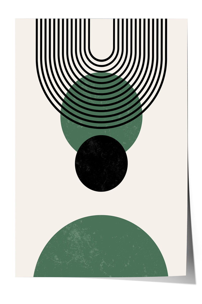 The image is a minimalist art piece featuring a geometric design with a large black circle and a series of black and white lines arranged in a repeating pattern.