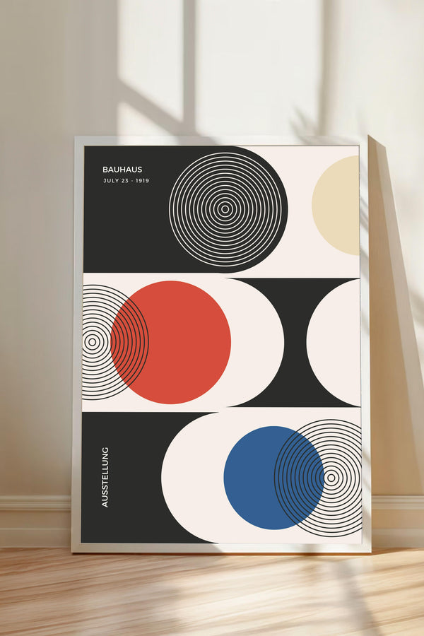 The image is a minimalist poster featuring abstract geometric shapes and patterns in black, white, red, and blue.