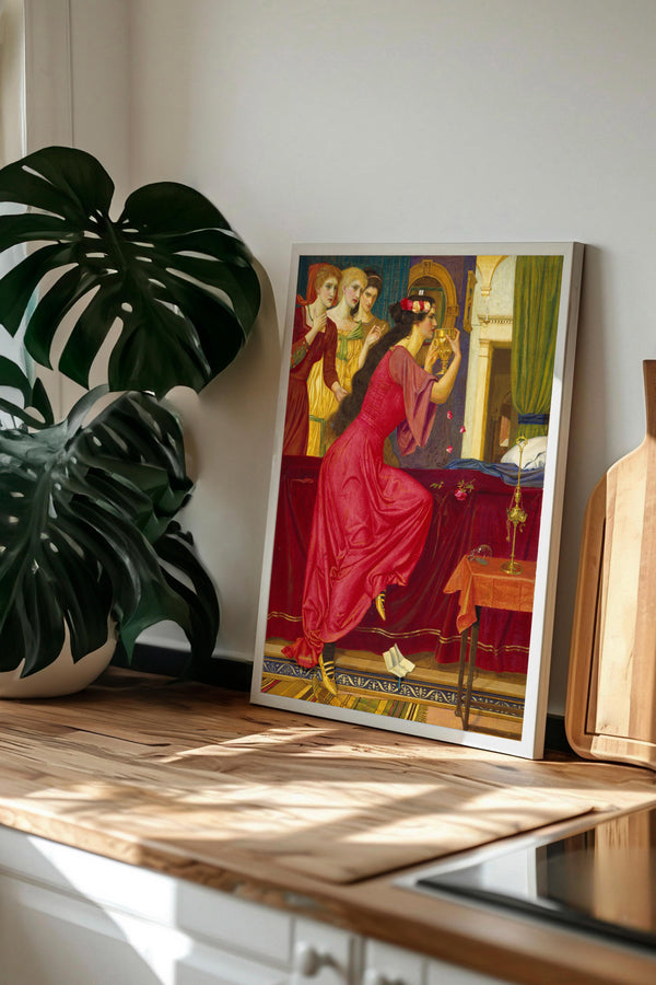 a framed painting of a woman in a red dress, standing in a room with other people in the background.