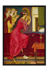 The image is a painting depicting a woman in a red dress, holding a wine glass, and surrounded by other women in colorful dresses.