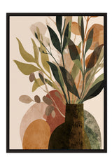 The image is a framed abstract painting featuring a vase with a variety of colorful leaves and flowers.