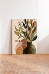 a large abstract painting of a vase filled with colorful flowers and leaves, displayed on a wall in a room with a wooden floor.