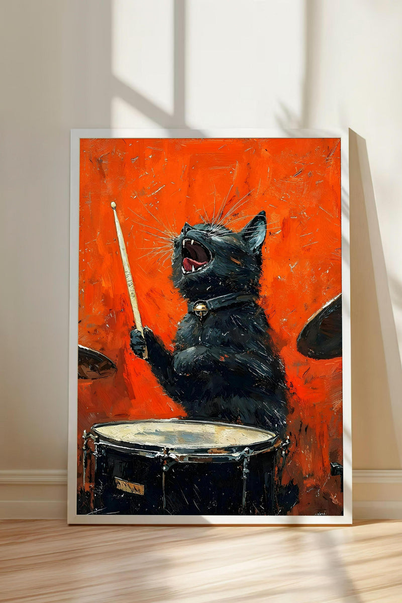 A black cat is sitting on a drum set, appearing to play the drums with enthusiasm.
