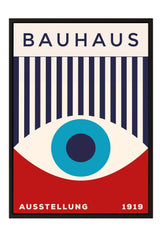 The image is a poster for the Bauhaus art school in 1919, featuring a stylized eye design with vertical stripes and a red background.