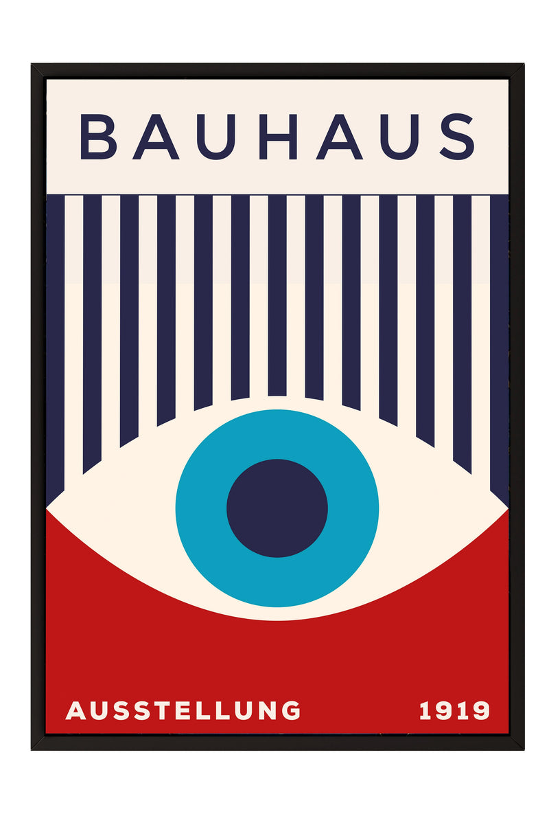 The image is a poster for the Bauhaus art school in 1919, featuring a stylized eye design with vertical stripes and a red background.