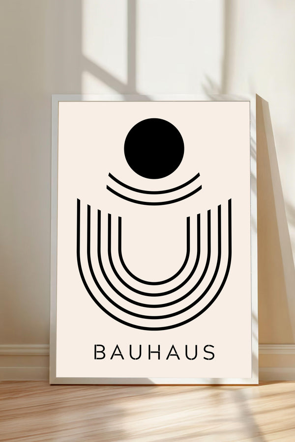 a minimalist poster with a bold black circle and lines, and the word "BAHAU" written below it.