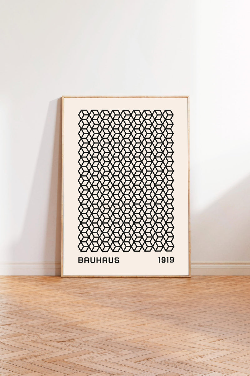 a minimalist poster of Bauhaus architecture from 1919, with a repeating geometric pattern in black and white.