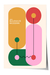 The image is a minimalist poster featuring geometric shapes and lines in various colors, including orange, pink, green, and red.