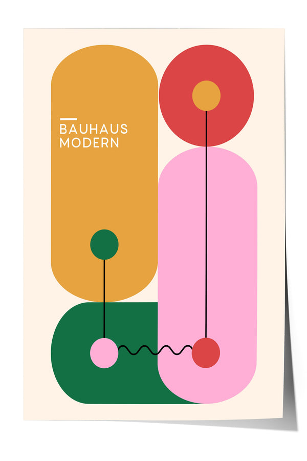 The image is a minimalist poster featuring geometric shapes and lines in various colors, including orange, pink, green, and red.