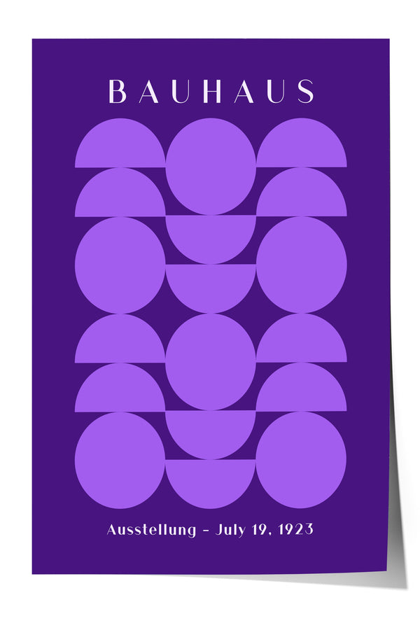 The image is a poster for the Bauhaus exhibition in Australia, featuring a geometric design with circles and lines in shades of purple.