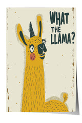 A cartoon illustration of a yellow llama with a surprised expression, accompanied by the text "WHAT THE LLAMA?"