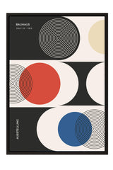 The image is a poster for the Bauhaus exhibition held on July 23, 1919. It features abstract geometric shapes and patterns in various colors, including red, blue, and black, arranged in a minimalist and modern design.