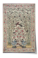 The image is a decorative textile featuring a floral pattern with birds and trees. The design is intricate and detailed, with a variety of colors and shapes creating a visually appealing composition.