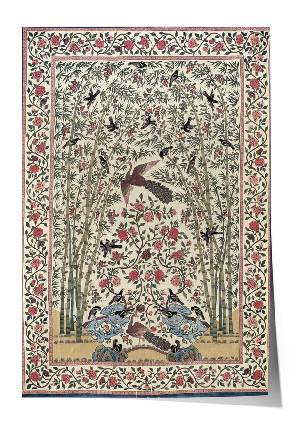 The image is a decorative textile featuring a floral pattern with birds and trees. The design is intricate and detailed, with a variety of colors and shapes creating a visually appealing composition.