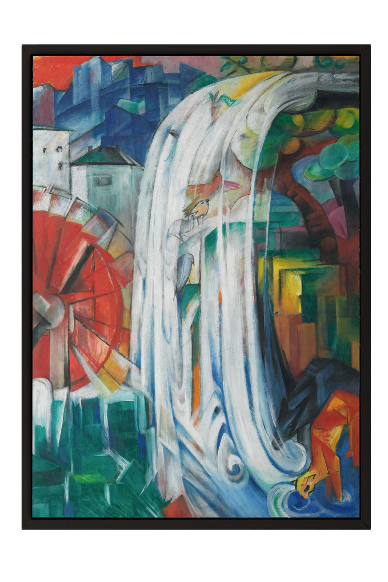 The image is a vibrant, abstract painting featuring a waterfall, a red wheel, and a person in the foreground. The painting is filled with a variety of colors and shapes, creating a dynamic and energetic composition.